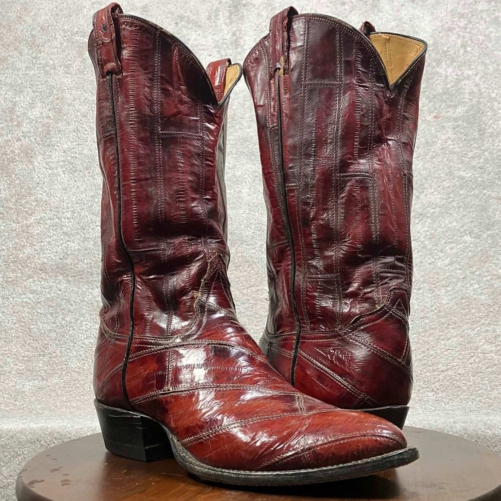 Tony Lama Red Eel Skin Cowboy Boots Womens 10.5D Burgundy Western Black Label